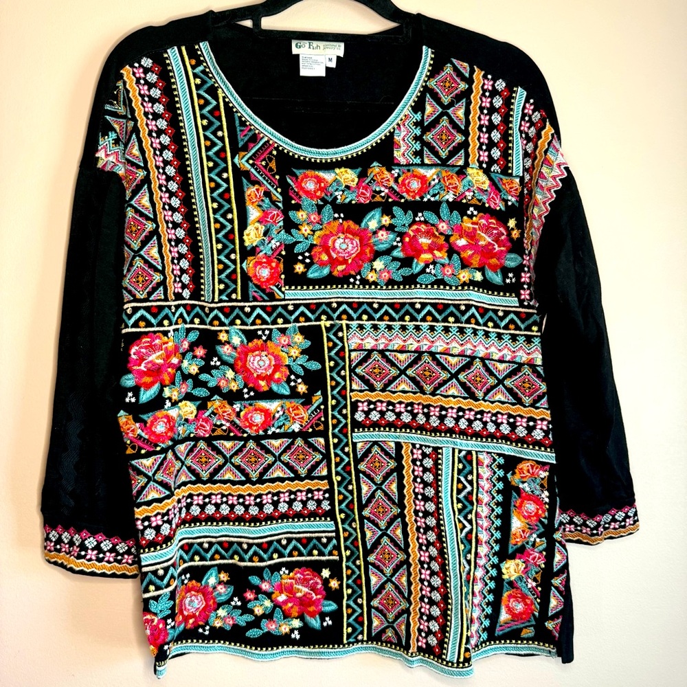 Go Fish top blouse with colorful embroidery 3/4 sleeves Cotton Modal